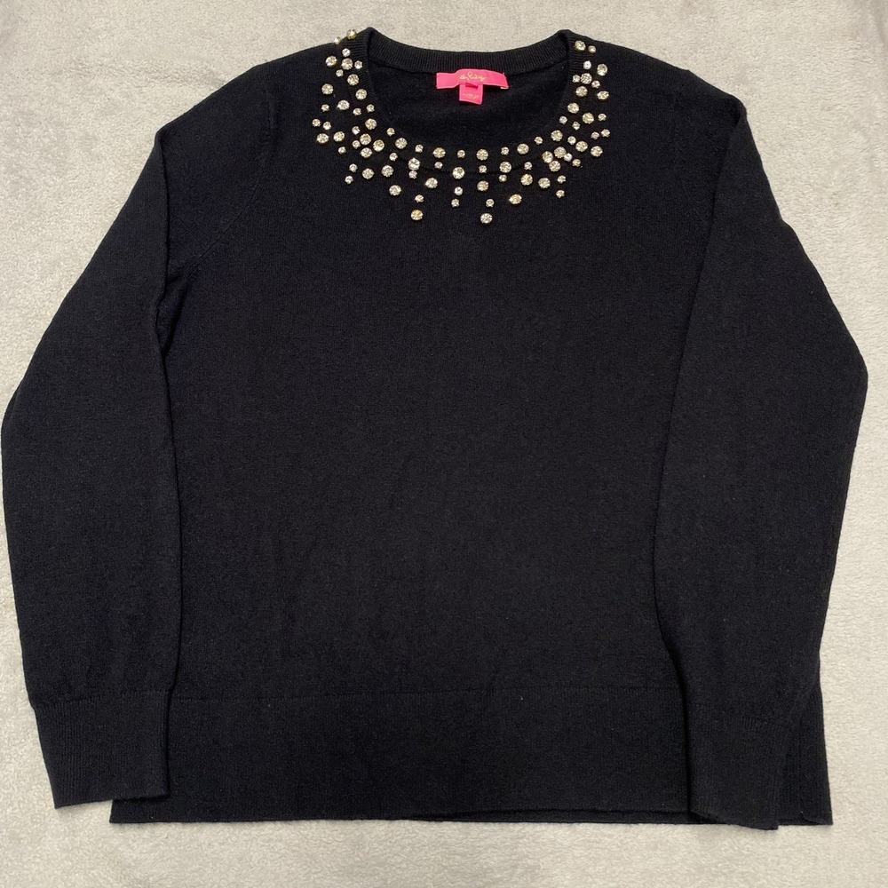 Lilly Pulitzer Odetta Sweater Large Black Rhinestone Merino Wool Cashmere Knit